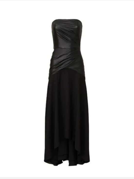 Shoshana Strapless Black Faux-Leather Bodice Asymmetric Midi Dress Sz 10 - Picture 5 of 12